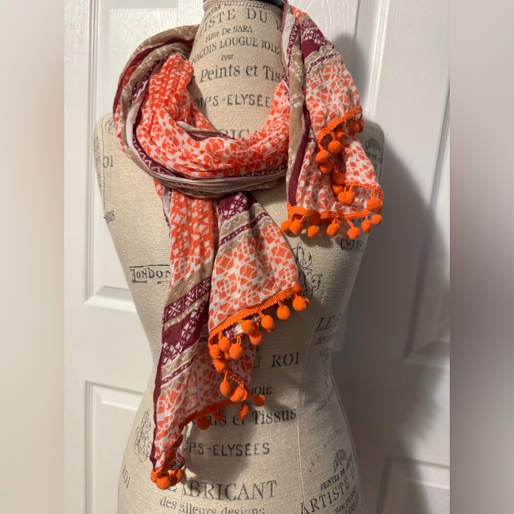 CATO Orange and Pink Patterned Scarf with Pom Poms